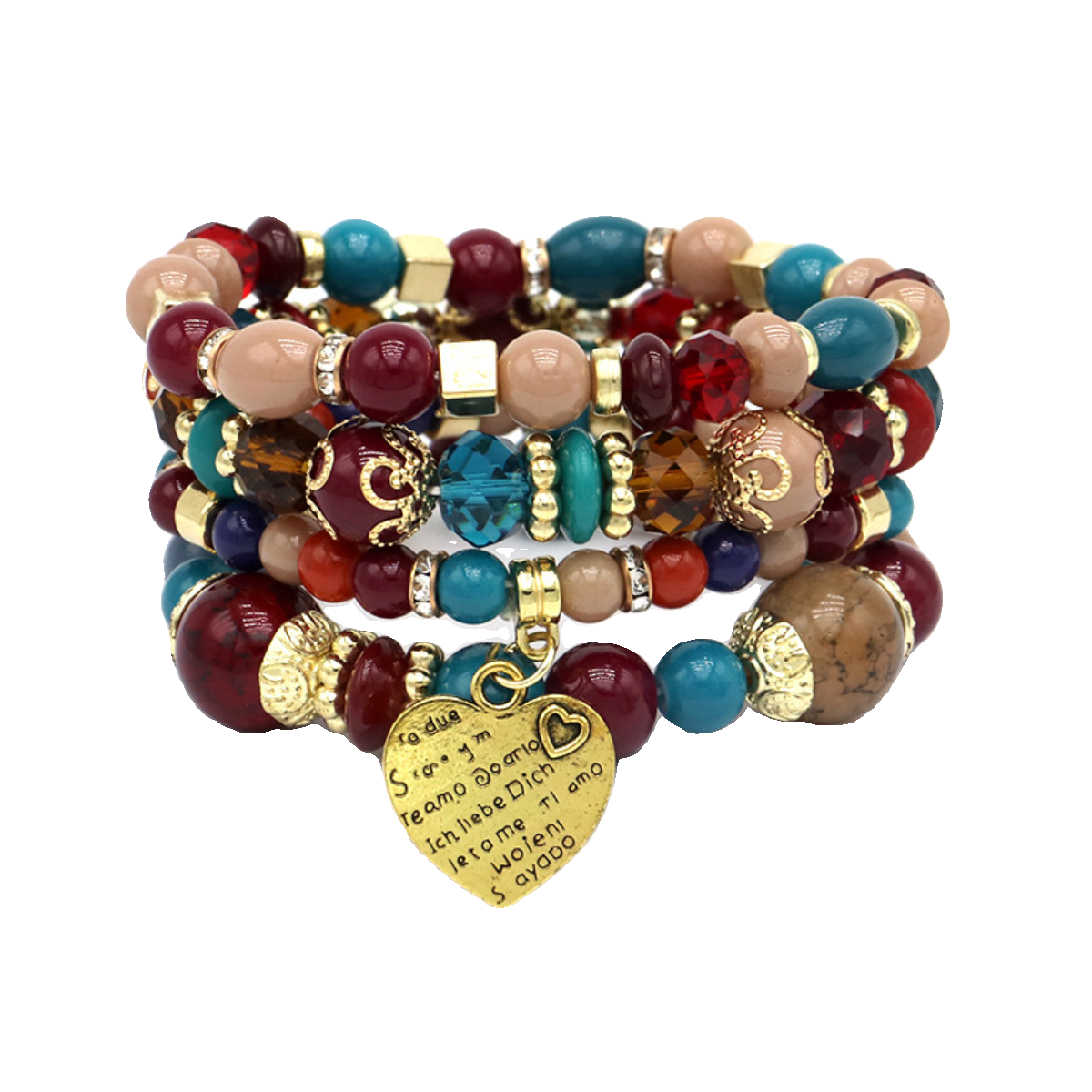 Multi-layered bracelets stacked with ethnic style personalized peach heart pendant multi-circle design rice bead bracelet