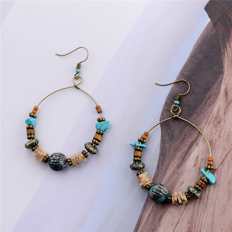 Retro ethnic style round hoop earrings with personalized beaded design and versatile earrings