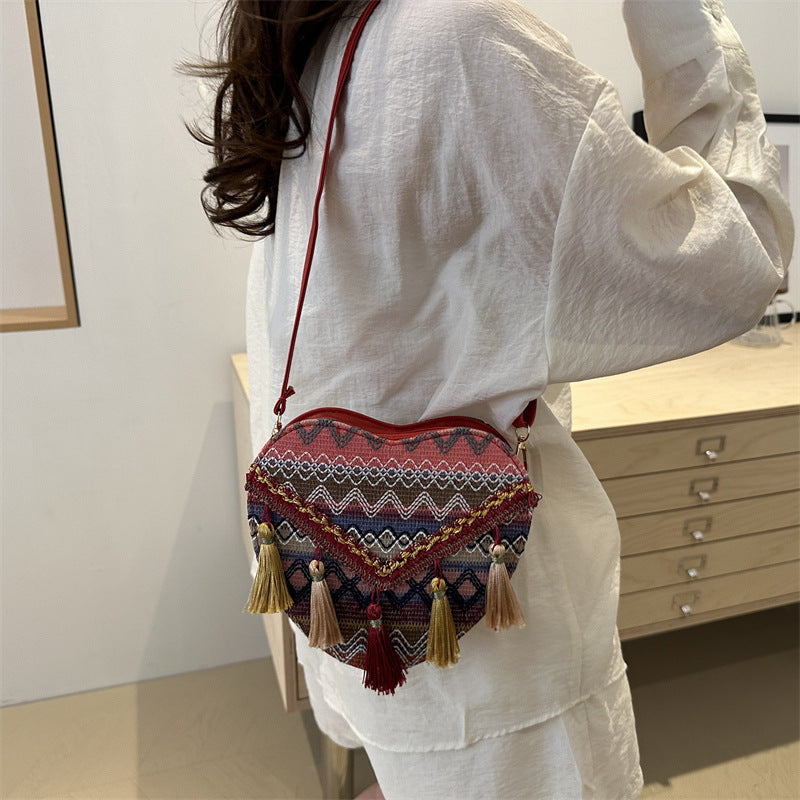 Ethnic style travel bag, special gift woven tassel bag