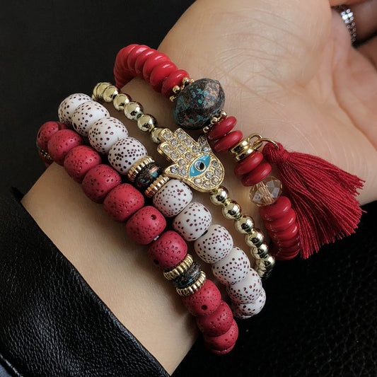 Ethnic style multi-layered bracelet Bohemian red glass bracelet tassel pendant hand rope jewelry