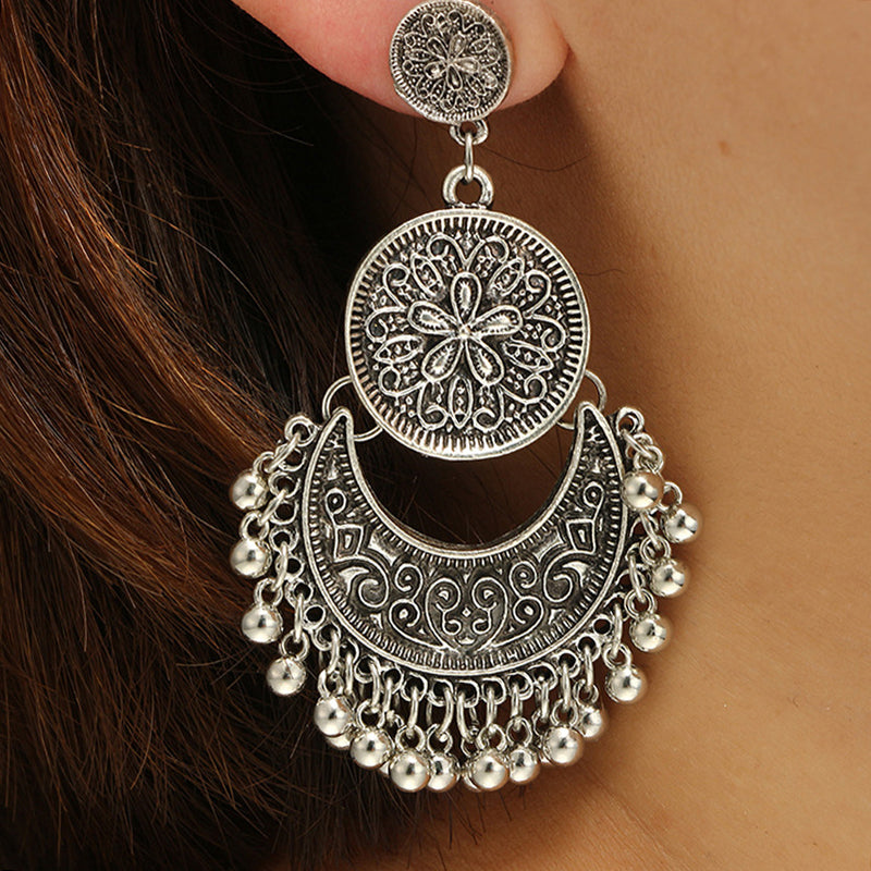 Ethnic style retro silver tassel earrings crescent carved bell earrings versatile Tibetan travel wear accessories for women