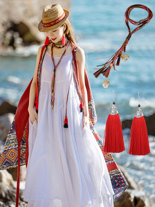 Retro bohemian long necklace set ethnic style earrings