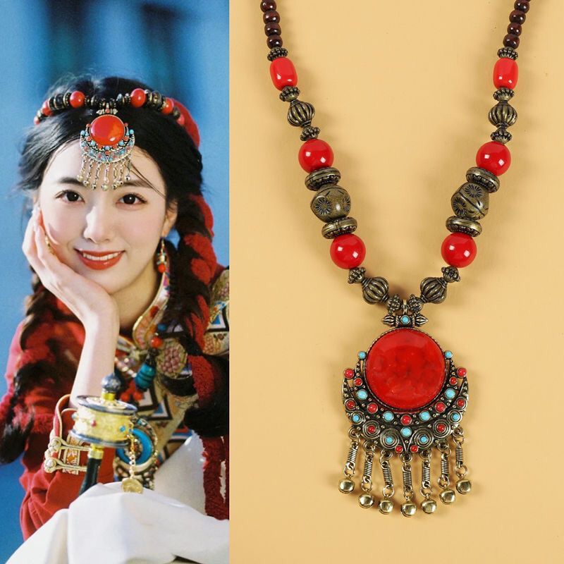 Ethnic Tibetan Decoration Bohemian Necklace Retro Bell Wooden Beads Sweater Chain Dance Pendant Red Gemstone