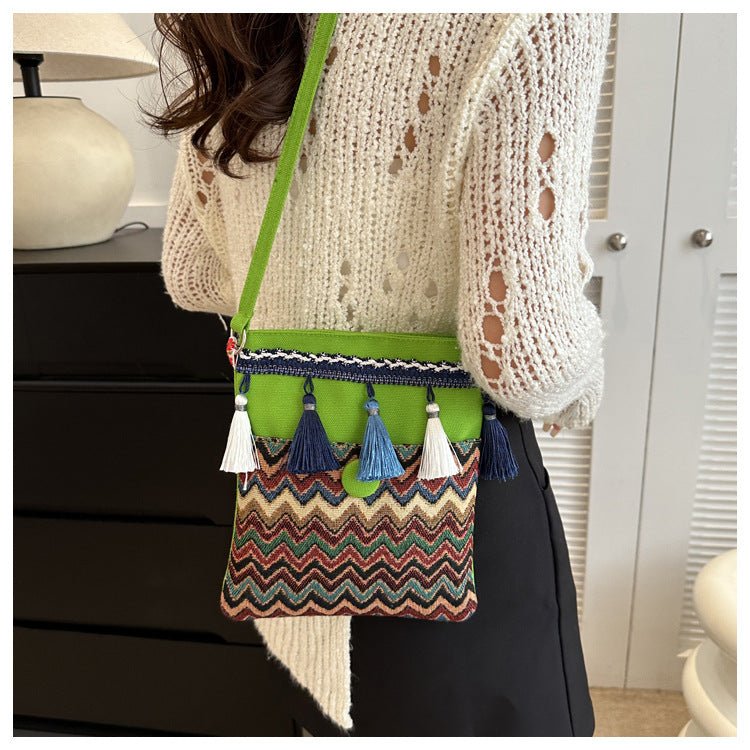 Ethnic holiday wave embroidered tassel crossbody bag