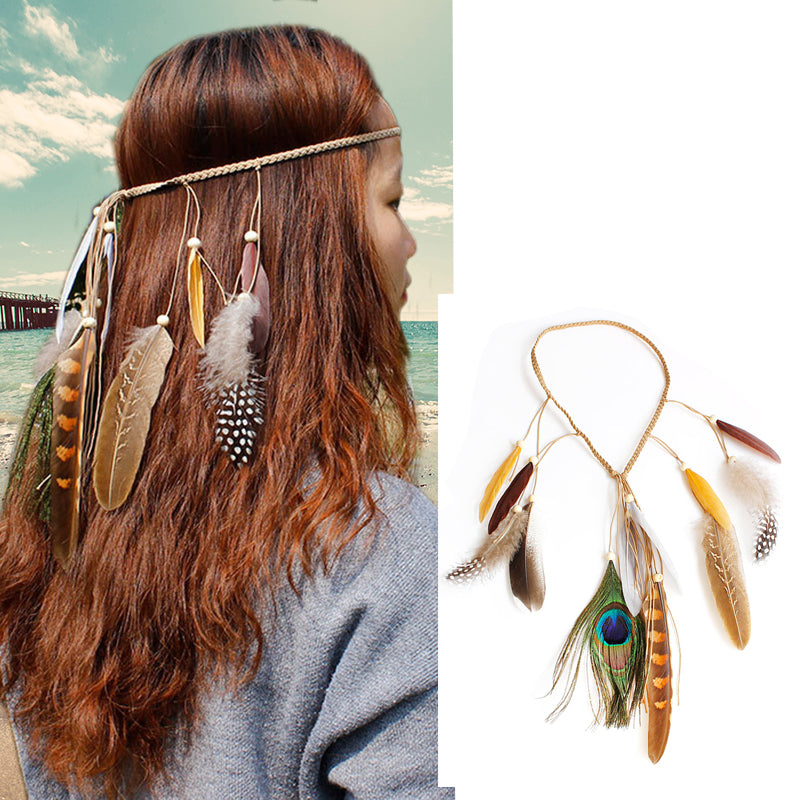 Ethnic style feather headband bohemian color tassel hair accessories exotic style