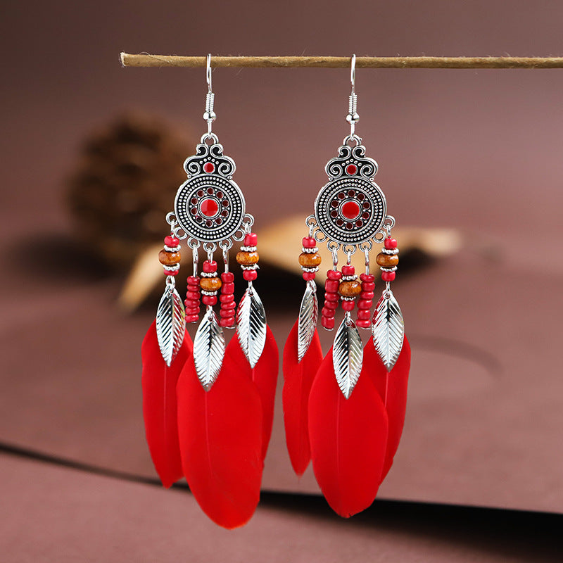 Chinese style red earrings festive feather tassel long earrings earrings