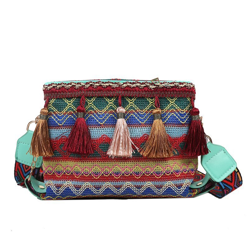 Ethnic style crossbody wide shoulder strap tassel small square bag