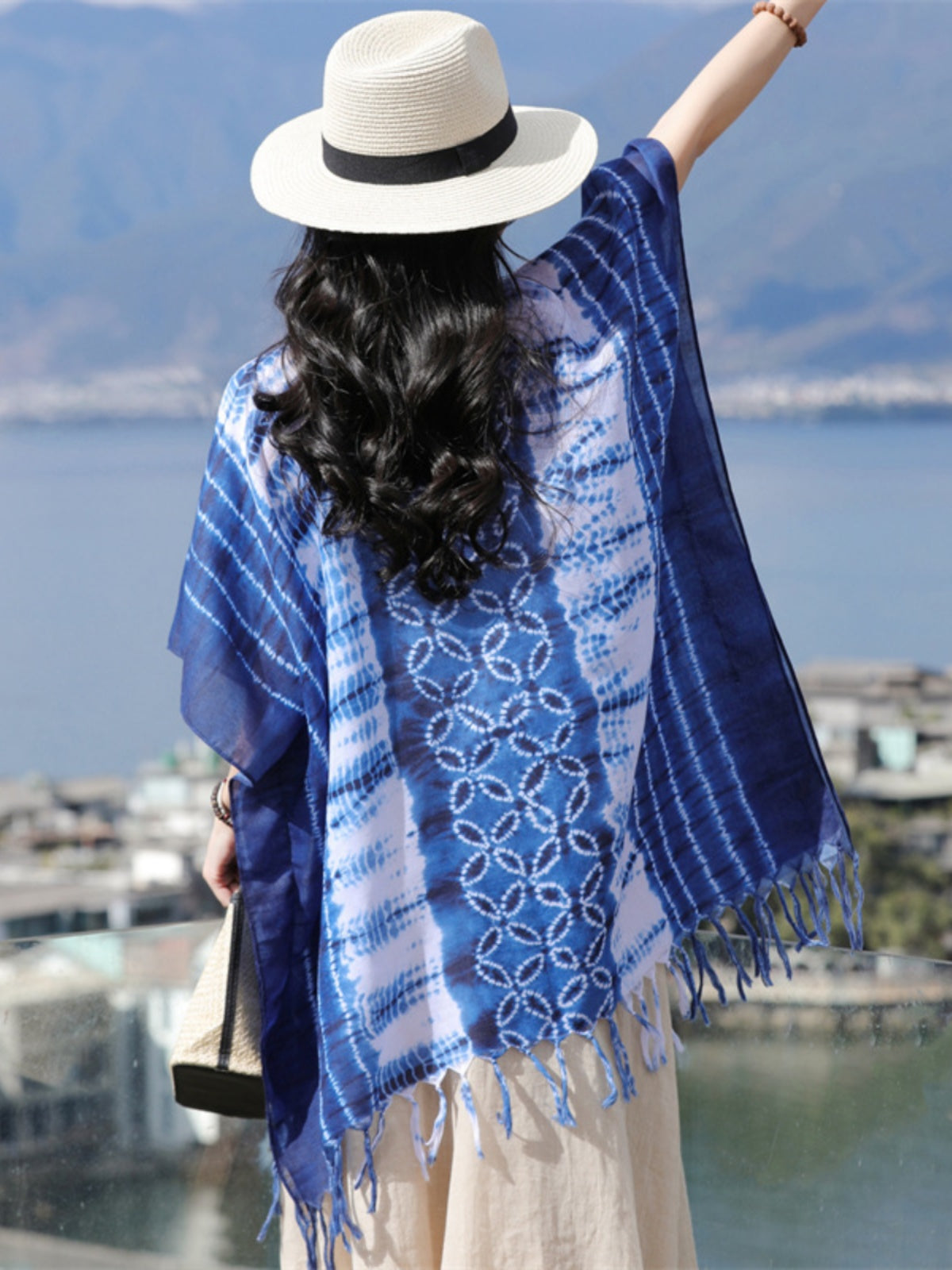 Tie-dye printed ethnic style shawl, retro cape, thin tassels, blouse and scarf