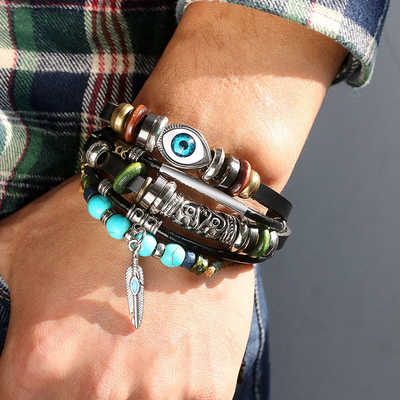 Personalized punk style multi-layered bracelet with eyes and turquoise bracelet, fashionable and versatile beads and leather rope