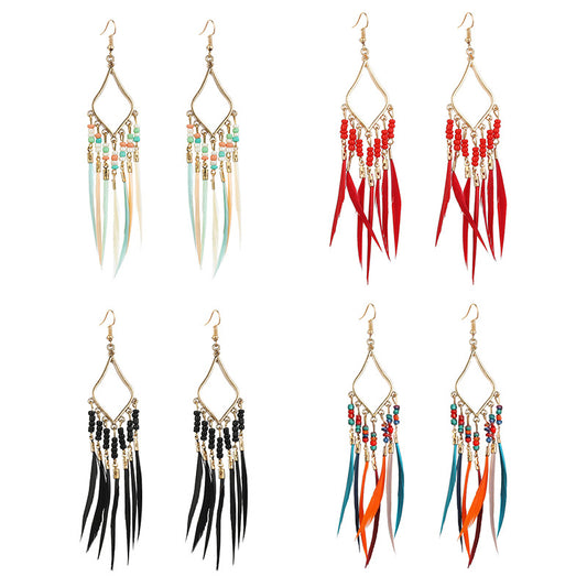 Boho slender feather earrings tassel geometric ear hook personality