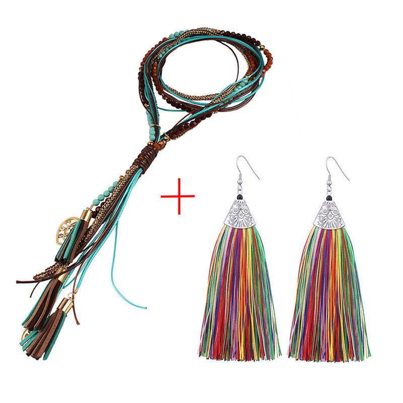 Retro bohemian long necklace set ethnic style earrings