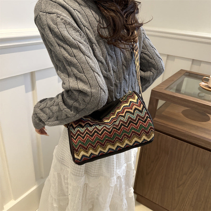 Fashion ethnic style striped crossbody bag wide shoulder vacation wide shoulder strap bag