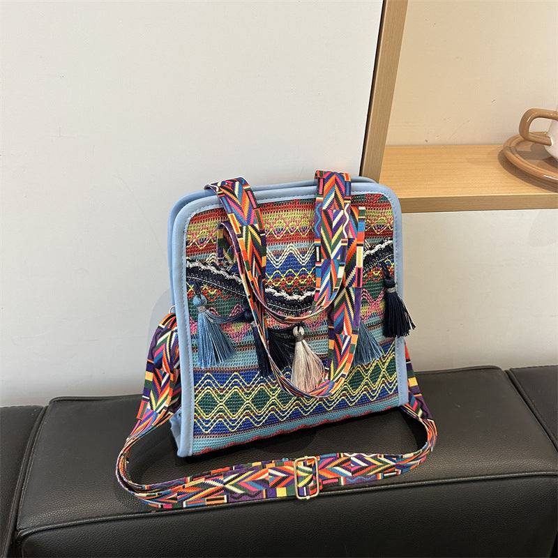 Ethnic style crossbody wide shoulder strap tassel bucket bag