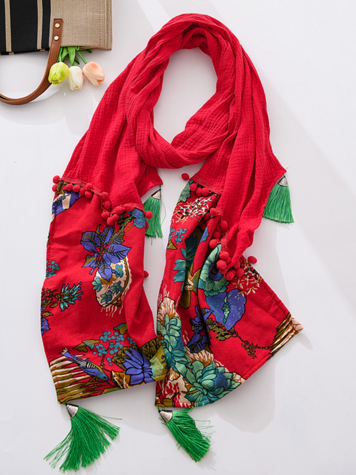 Ethnic style scarf retro splicing tassel red scarf scarf