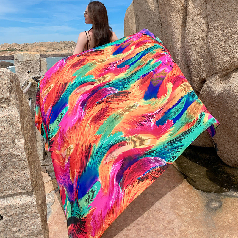 Shawl Summer Thin Extra Large Silk Scarf Outdoor Travel Sun Shade Beach Towel Colorful Ethnic Style Scarf