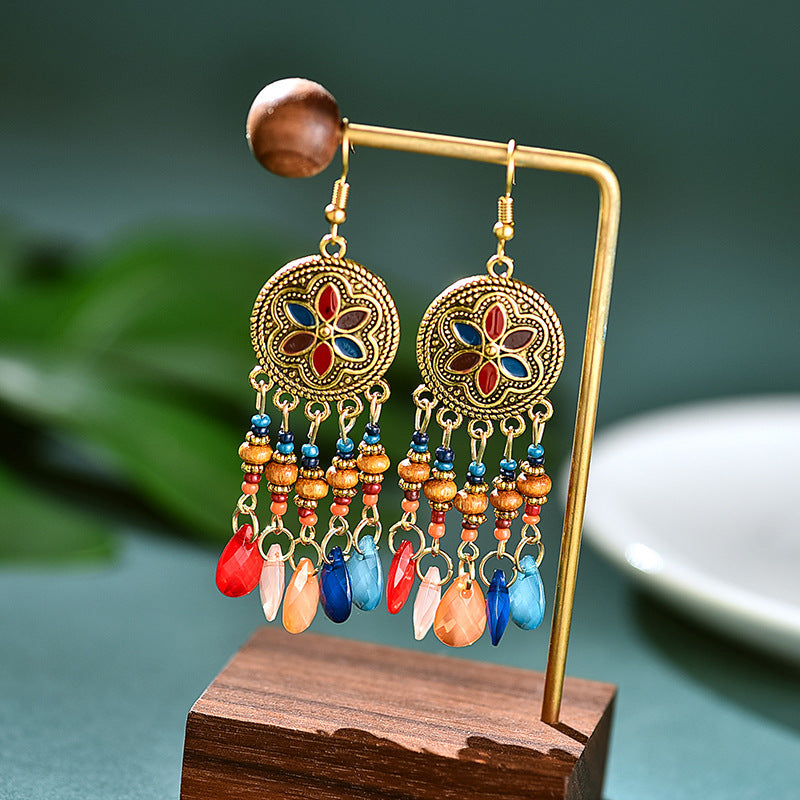 Bohemian style earrings, retro water drop tassels, trendy Yunnan style earrings, versatile personality and temperament earrings for women