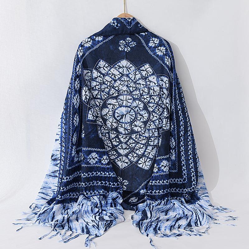 Retro ethnic style thin scarf imitation blue dye versatile literary long summer sun protection holiday shawl