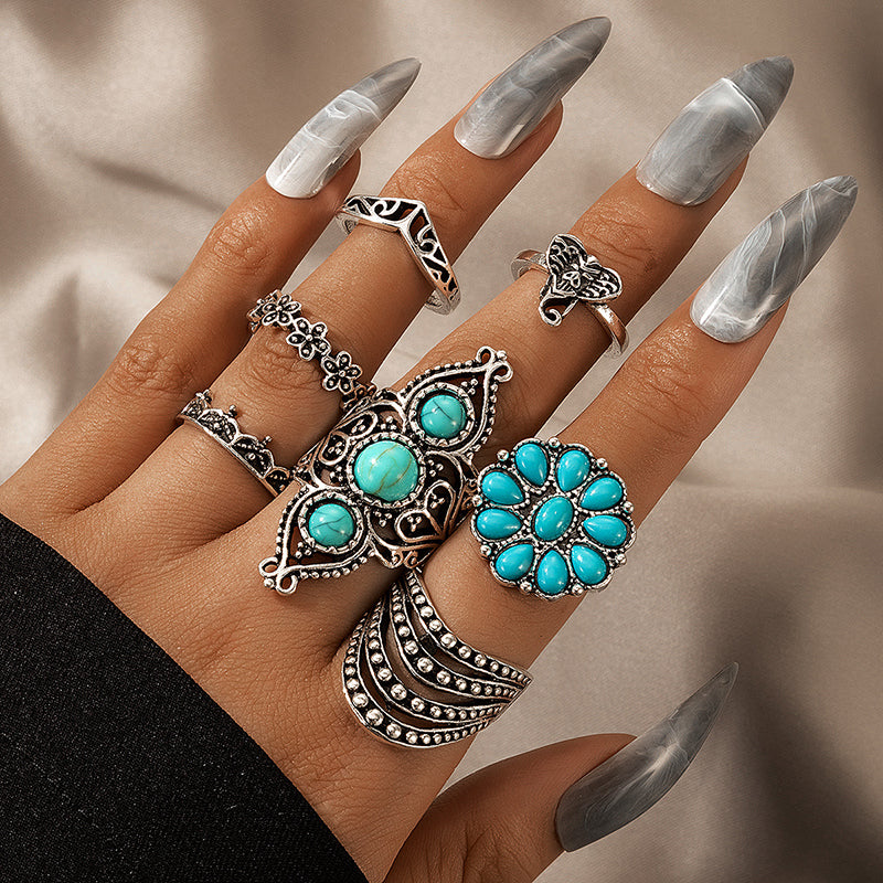 Retro ethnic style ring set turquoise personalized ring jewelry