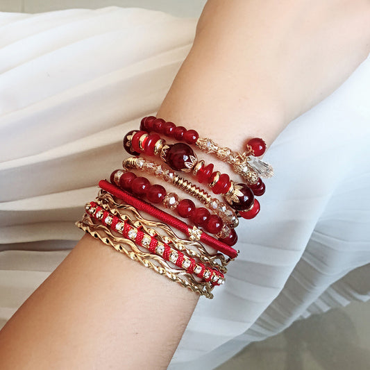 Bohemian red bracelet ethnic style crystal 6-piece combination bracelet personalized versatile bracelet