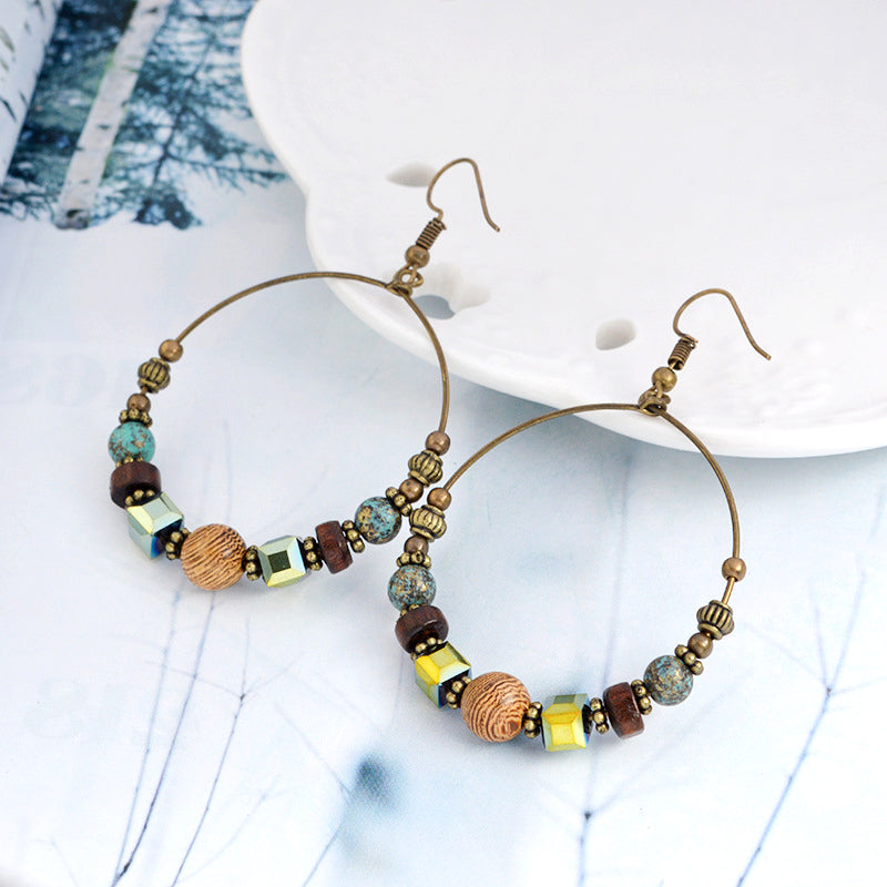 Retro ethnic style round hoop earrings with personalized beaded design and versatile earrings