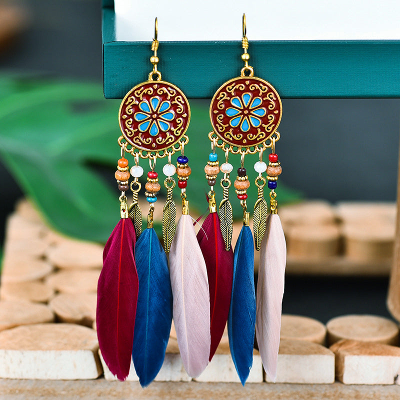 Ethnic style red feather earrings, personalized long style, retro and versatile cheongsam accessories