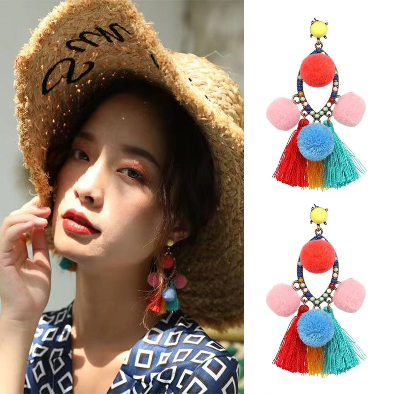 Ethnic style tassel temperament long earrings 925 silver hypoallergenic earrings colorful pom-poms diamond jewelry