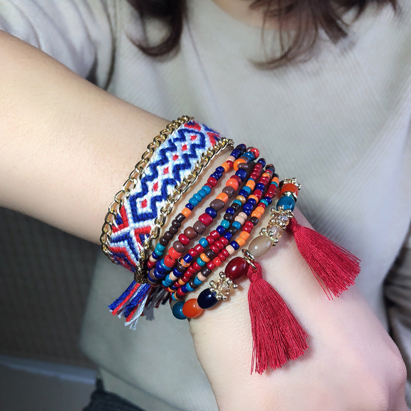 Braided bracelet colorful multi-layered beaded bracelet ethnic style handmade tassel rice bead jewelry