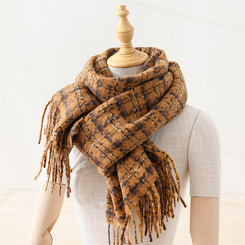 Cashmere-like thickened scarf, versatile and warm, fringed plaid shawl