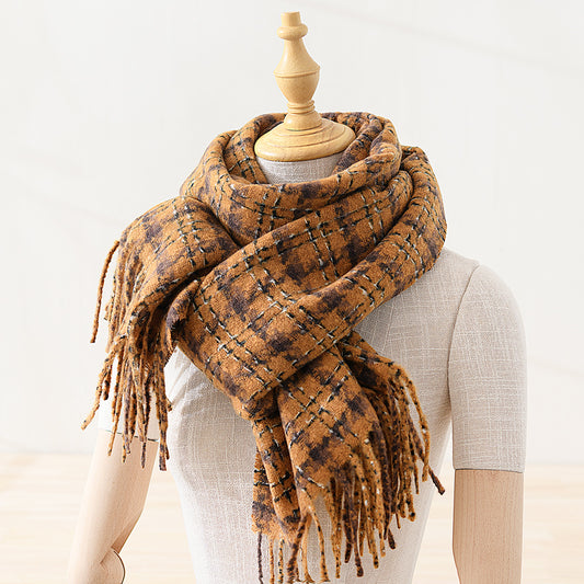 Cashmere-like thickened scarf, versatile and warm, fringed plaid shawl