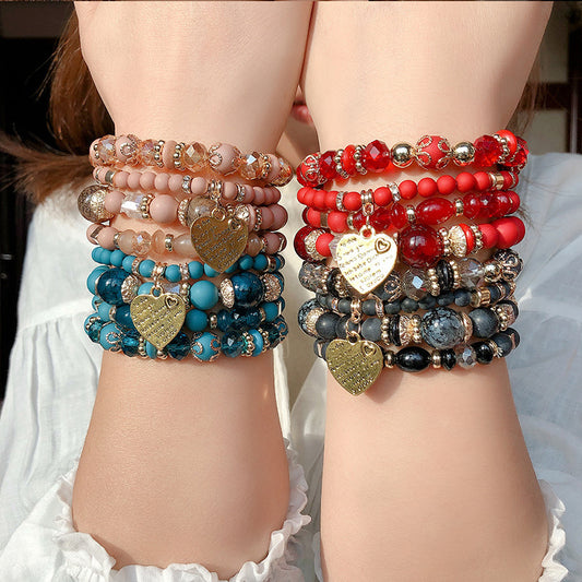 Multi-layered bracelets stacked with ethnic style personalized peach heart pendant multi-circle design rice bead bracelet