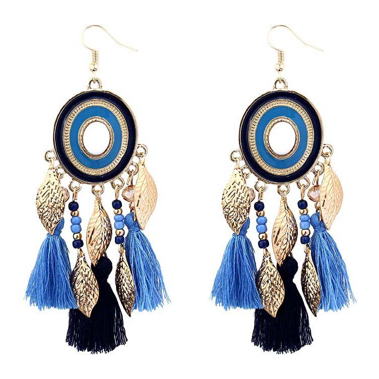 Ethnic style tassel long style versatile earrings gold leaf travel accessories