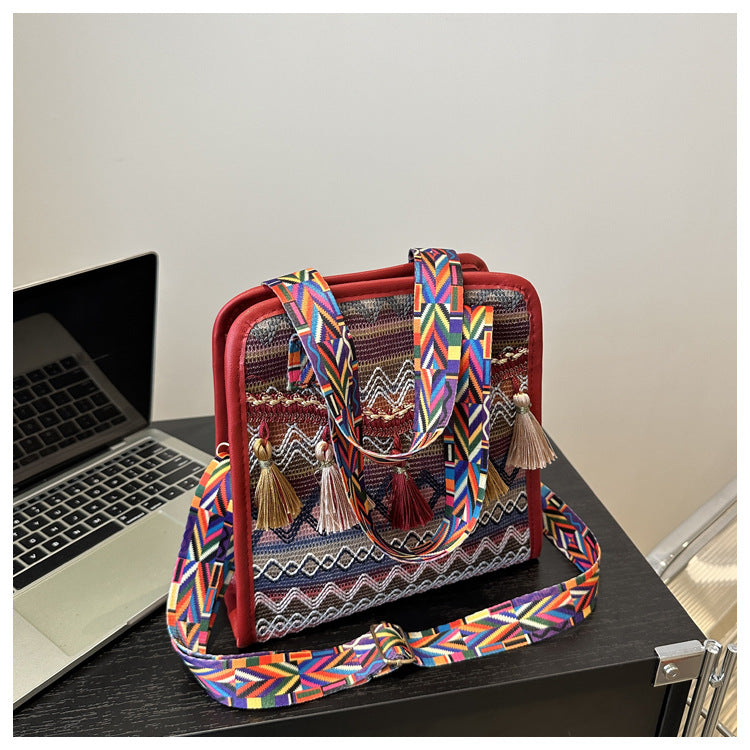 Ethnic style crossbody wide shoulder strap tassel bucket bag