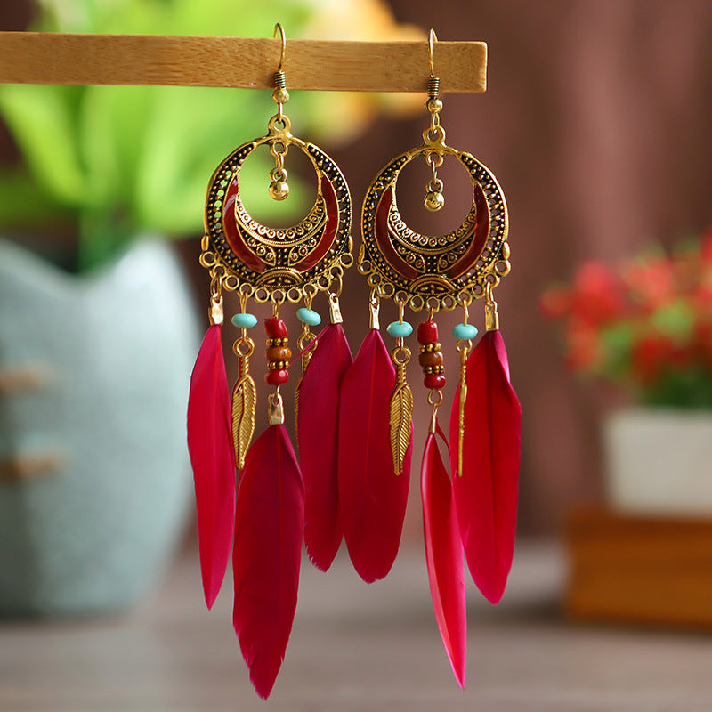 Ethnic Style Earrings, Bohemian Feather Earrings, Long Rice Bead Ear Hooks, Personalized and Versatile Tibetan Earrings for Women