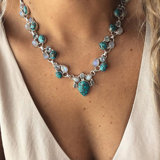 Bohemian blue turquoise necklace water drop stone clavicle chain rhinestone short choker