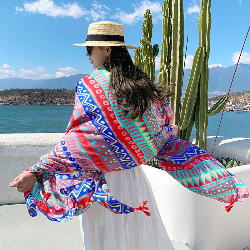 Silk scarf, beach towel, cotton and linen sunscreen shawl, bohemian ethnic style scarf