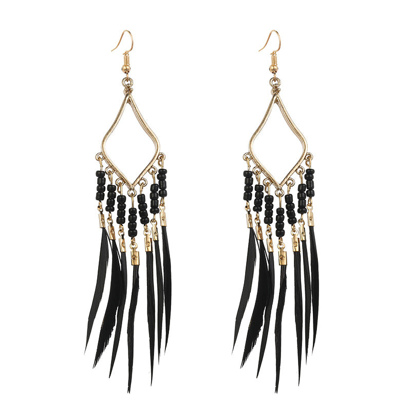 Boho slender feather earrings tassel geometric ear hook personality