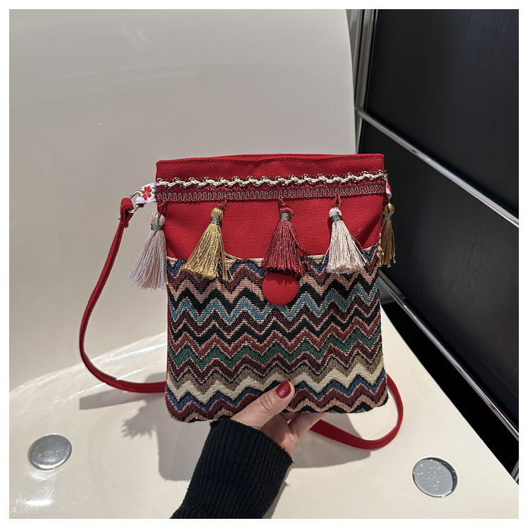 Ethnic holiday wave embroidered tassel crossbody bag