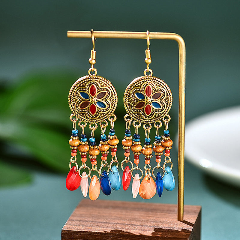 Bohemian style earrings, retro water drop tassels, trendy Yunnan style earrings, versatile personality and temperament earrings for women