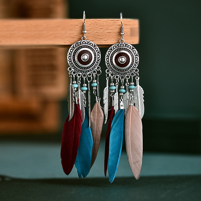 Retro feather earrings, versatile tassel long accessories, ethnic style performance accessories, niche design earrings