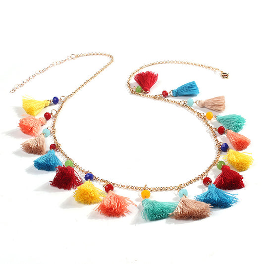 Ethnic style small tassel necklace, handmade bohemian color pendant, fashionable and versatile