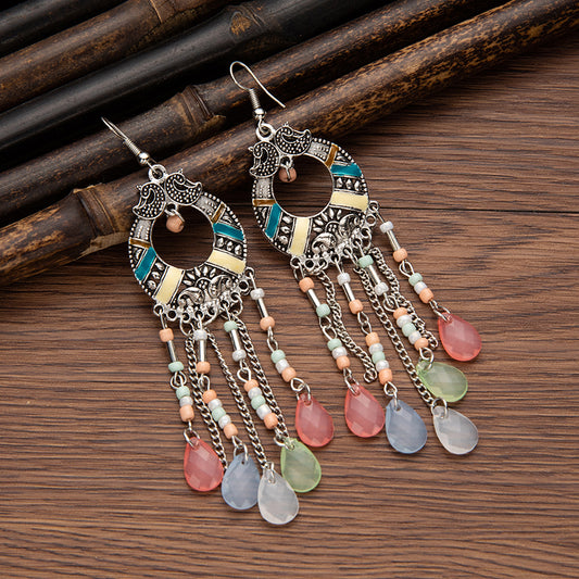 Bohemian resin water drop tassel earrings, retro temperament, personalized earrings, ethnic style long accessories