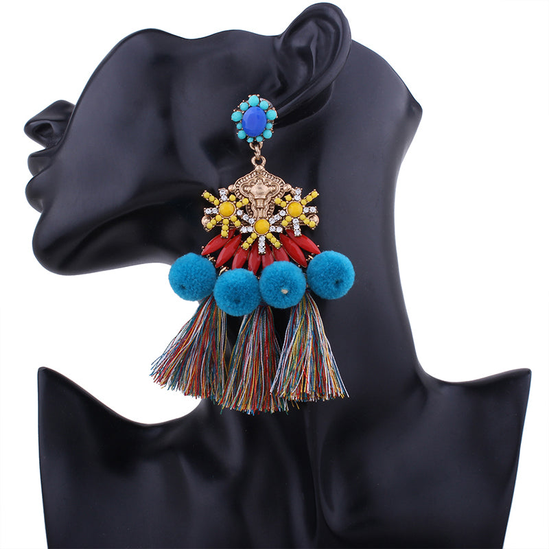 Tassel Earrings Furball Retro Colored Crystal Long Earrings