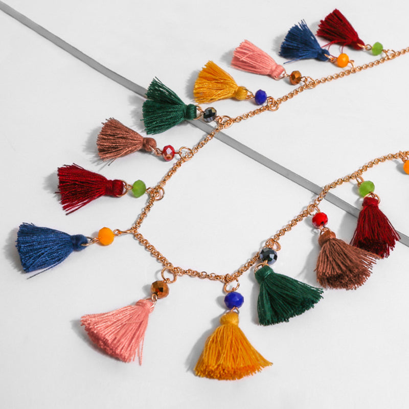 Ethnic style small tassel necklace, handmade bohemian color pendant, fashionable and versatile