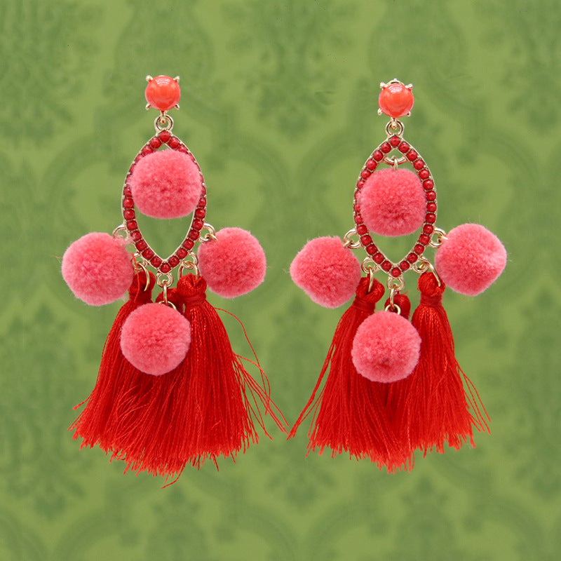 Ethnic style tassel temperament long earrings 925 silver hypoallergenic earrings colorful pom-poms diamond jewelry