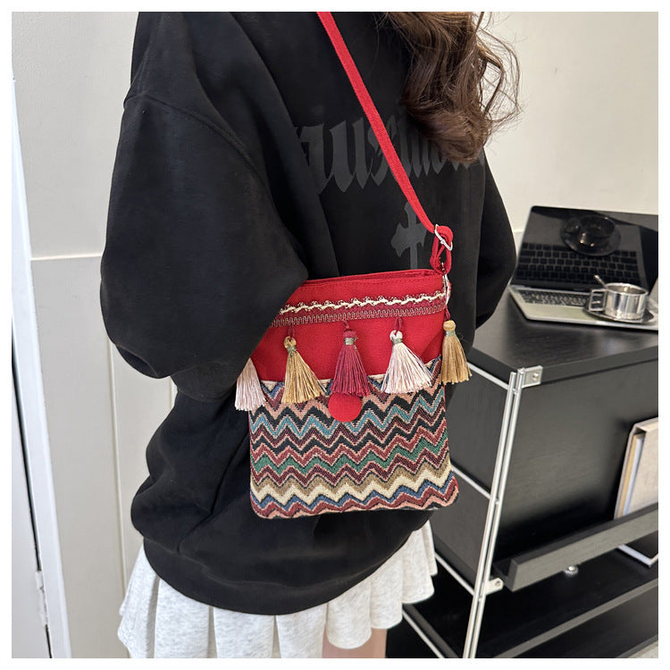 Ethnic holiday wave embroidered tassel crossbody bag