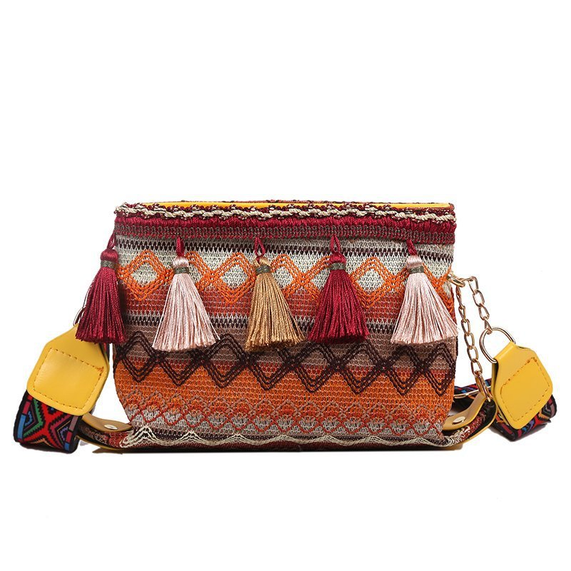 Ethnic style crossbody wide shoulder strap tassel small square bag