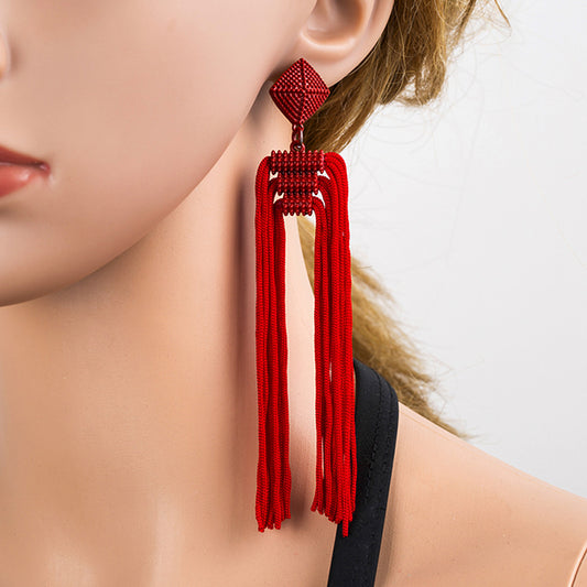 Bohemian red tassel earrings long retro style ethnic style earrings