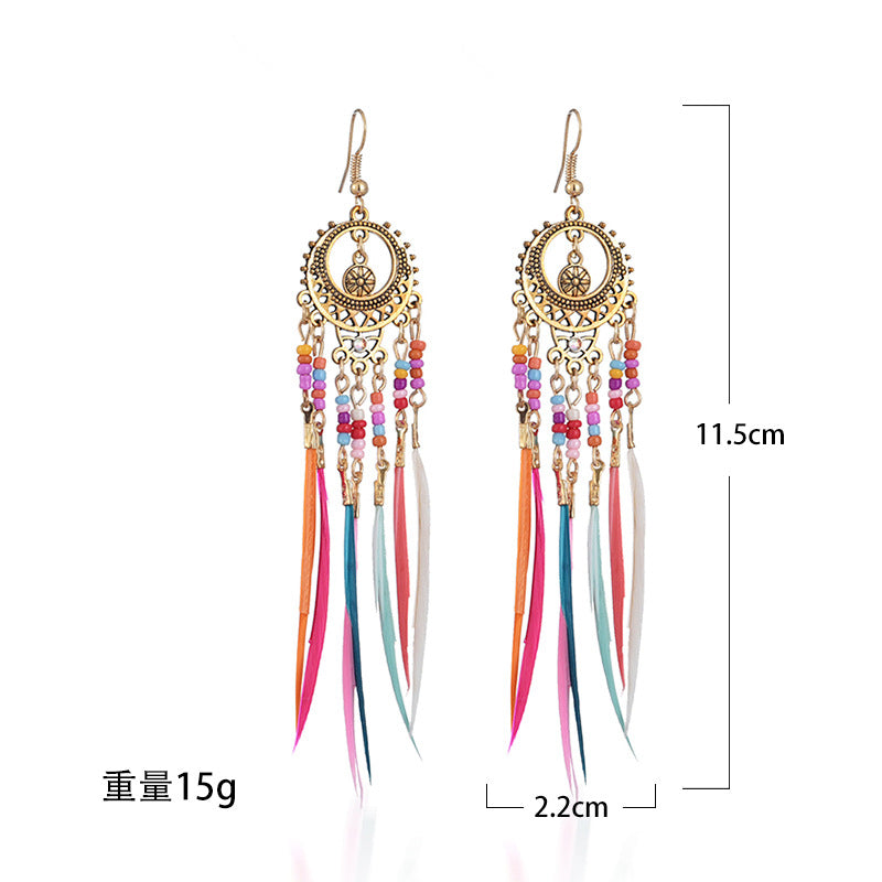 Bohemian style feather earrings, colorful and versatile long earrings, retro ethnic style earrings