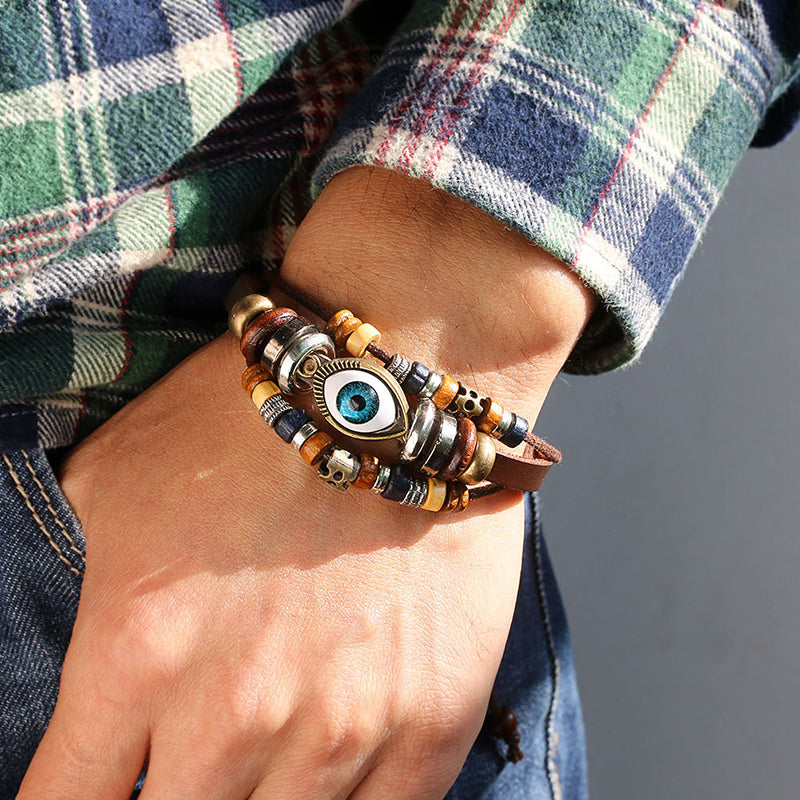 Personalized punk style multi-layered bracelet with eyes and turquoise bracelet, fashionable and versatile beads and leather rope