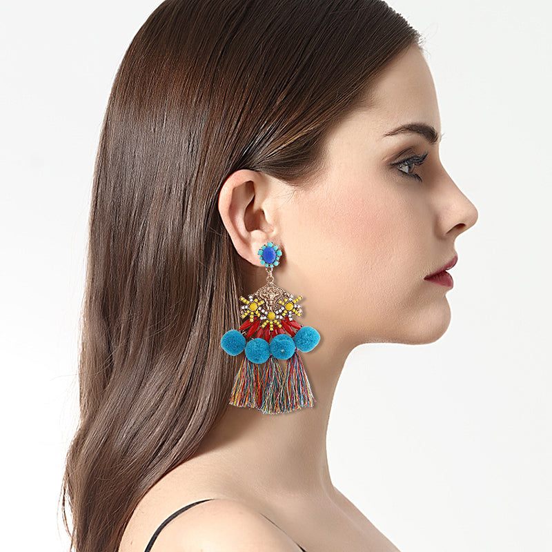 Tassel Earrings Furball Retro Colored Crystal Long Earrings